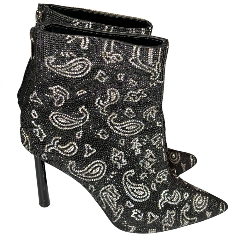 Steve Madden Robyn-R Rhinestone Paisley Ankle Boots Black Heeled Stiletto 10M